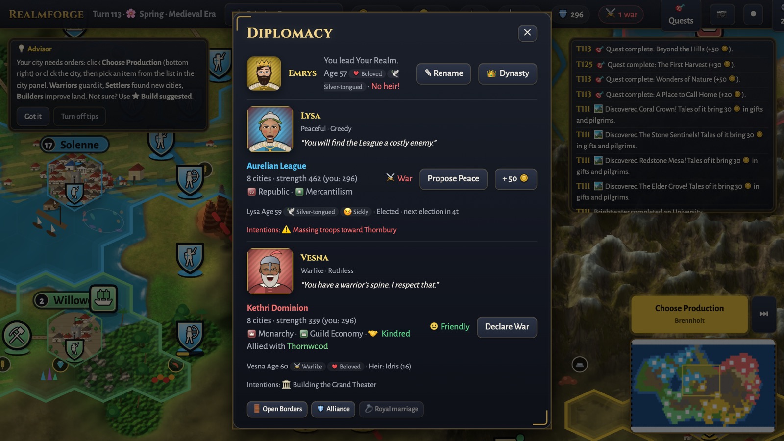 The diplomacy screen with painted leader portraits
